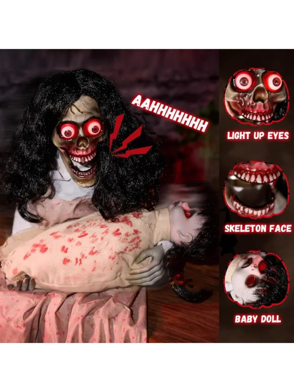 Creepy Sitting Skeleton & Doll Animatronics with Sound, Light Up Eyes